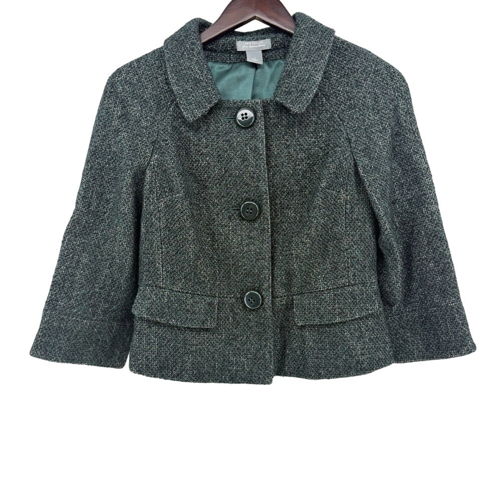 Ann Taylor Green Italian Tweed 3-Button‎ Blazer Jacket 3/4 Sleeve Size 2